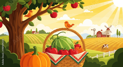 Autumn Harvest Basket with Pumpkin, Watermelon, Apples on Farm Field Background
