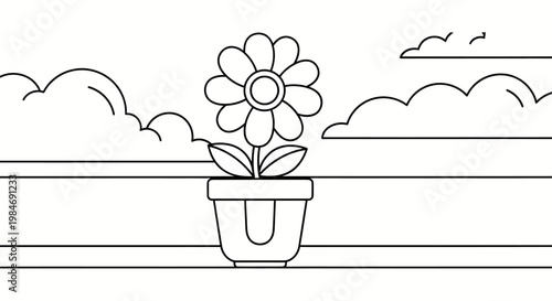 flower in pot on windowsill with clouds outside for spring decoration