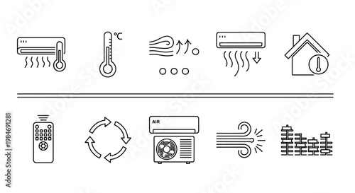 Collection of HVAC and climate control icons, including temperature, airflow, and home systems
