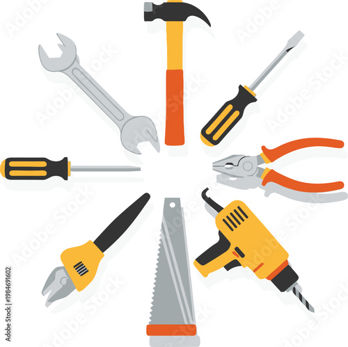 Assorted hand tools layout hammer wrench screwdriver pliers and more