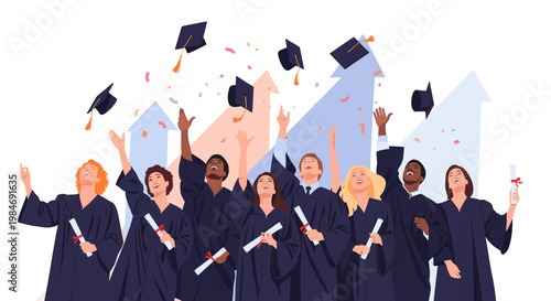 A joyful graduate celebrates achievement, looking upward with excitement and pride, perfect for educational marketing or congratulatory content.