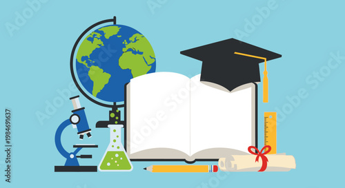 A comprehensive illustration of educational and scientific tools, including a globe, microscope, book, graduation cap, and diploma, set against a light blue background.