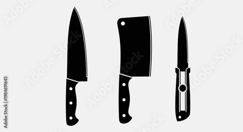 Three distinct black silhouette knife icons, including a chef's knife, a meat cleaver, and a folding utility knife, displayed on a light gray background.