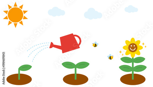 花の成長過程。シンプルでカワイイ栽培のイメージ。

