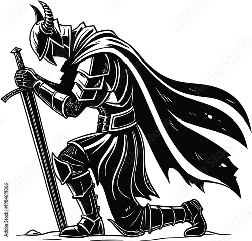 Kneeling knight in horned helmet and cape, holding a large sword, dark silhouette of a warrior in full armor in a posture of reverence or sorrow, detailed historical and fantasy illustration