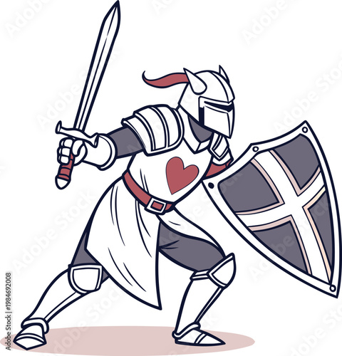 Knight in plate armor holding sword and shield in combat stance