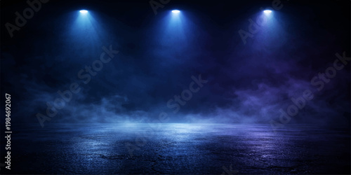 A dramatic spotlight beams onto a dark stage through blue mist and swirling smoke, creating a bright texture against a black night sky backdrop