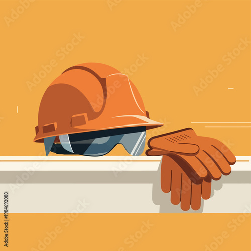 Construction safety gear orange helmet and gloves on a concrete barrier