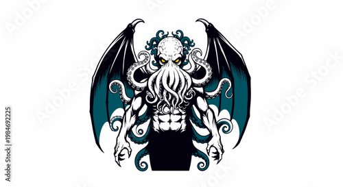 Cthulhu Monster Vector Illustration Featuring Dark Tentacle Creature with Wings and Muscular Torso for Fantasy Gaming and Horror Themed Graphic Design Projects