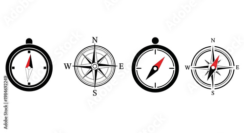 Collection of four distinct compasses, each displaying directional indicators for navigation and exploration