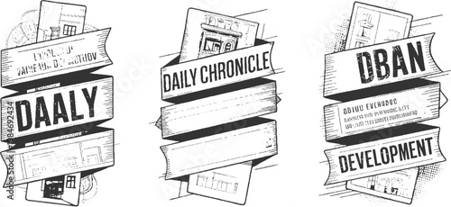 Three vintage banners with architectural and bold text labels d a l y d a i l y c h r o n i c l e and d e v e l o p m e n t