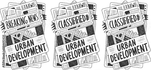 Three hand drawn newspaper stacks with headlines breaking news classified urban development