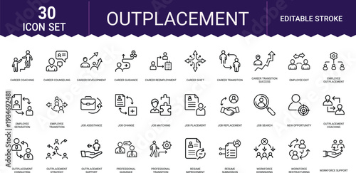 Outplacement career services icons set for job transition and workforce support