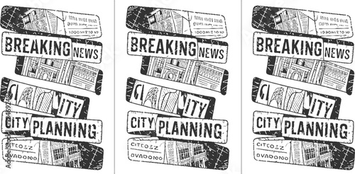 Black and white hand drawn signs for breaking news city planning and street names