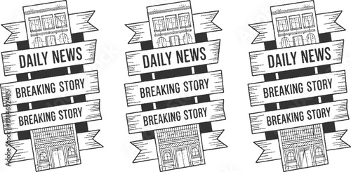 Three vintage newspaper banners with buildings and text daily news breaking story architecture
