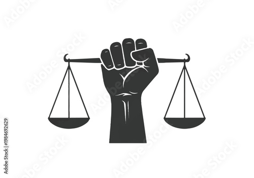 A powerful fist holding scales of justice on a white background
