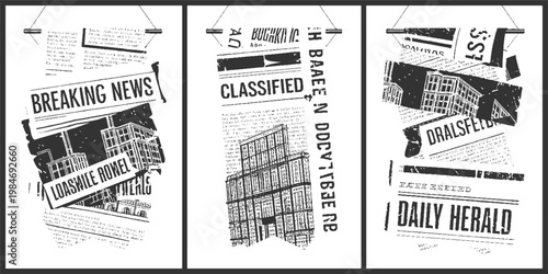 Three vintage newspaper banners with headlines and building in black and white