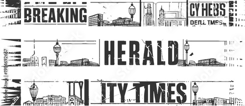 Newspaper headline text breaking herald city times with distressed urban skyline