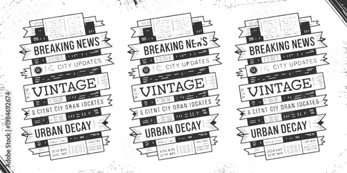 Three vintage newspaper banners with breaking news city updates and urban decay text