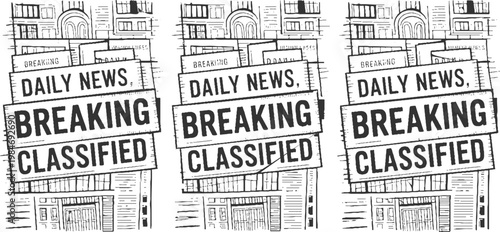 Three panels of black and white newspaper headlines announcing daily news breaking classified ads with architectural building facades
