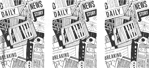 Black and white abstract collage of newspapers with headlines daily news story and breaking news