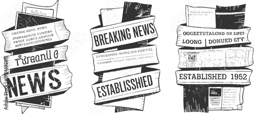 Three vintage newspaper banners with headlines and text in black and white retro
