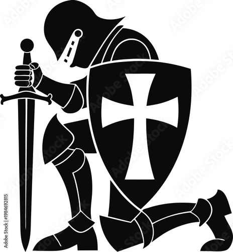 Silhouette of medieval knight kneeling with sword and shield