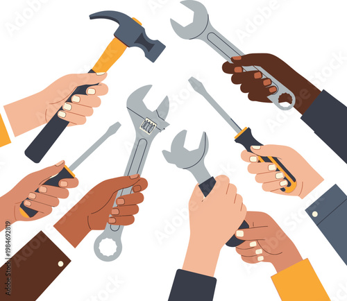 Diverse hands holding various tools a symbol of collaboration and skilled labor