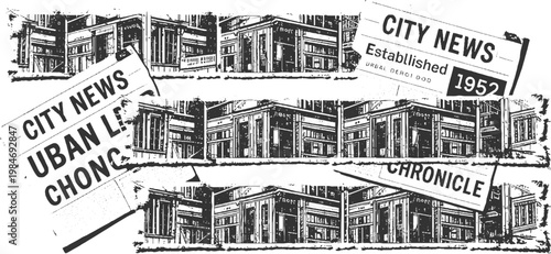 Black and white collage of vintage city buildings and newspaper headlines