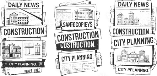 Stacked newspapers with headlines about construction and city planning featuring architectural and cityscapes in a hand-drawn black and white style