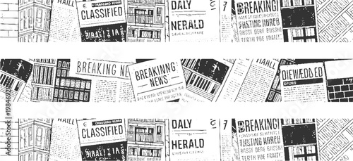 Black and white newspaper collage with building facades and text headlines