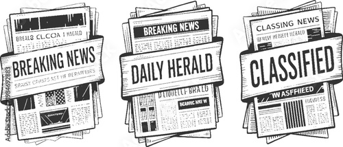 Three stacks of black and white newspapers with headlines reading breaking news daily herald and classified