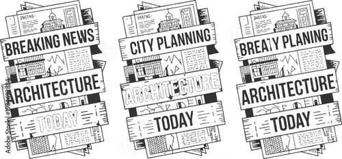 Three newspapers with headlines breaking news city planning architecture today in black and white style
