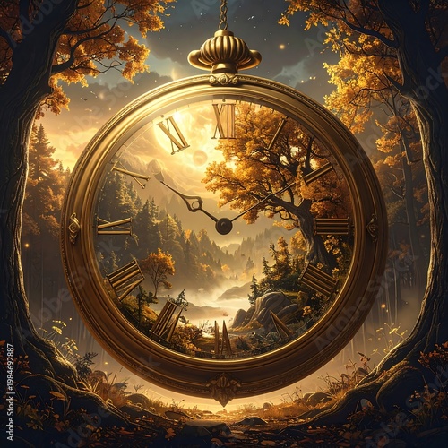 Golden clock reflects autumn forest landscape. Time hanging in ethereal golden hour