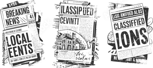 Black and white collage of newspapers featuring headlines like breaking news local events and classified ads with distressed textures and abstract
