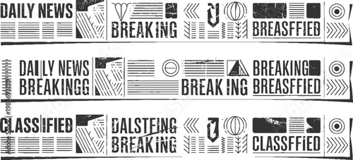 Three rows of distressed black and white newspaper headlines and abstract breaking classified daily