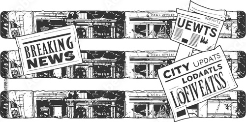 Black and white of newspapers with headlines about breaking news and city updates superimposed over distressed building facades