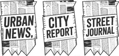 Three newspaper banners featuring city buildings and headlines urban news city report street journal
