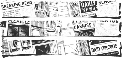 Black and white comic style montage of newspaper headlines and city buildings breaking daily