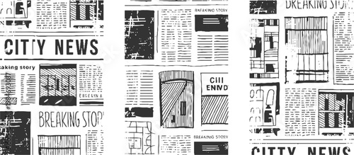 Black and white newspaper clippings with headlines and text blocks