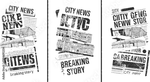 Black and white collage of distressed newspaper headlines and city buildings architecture
