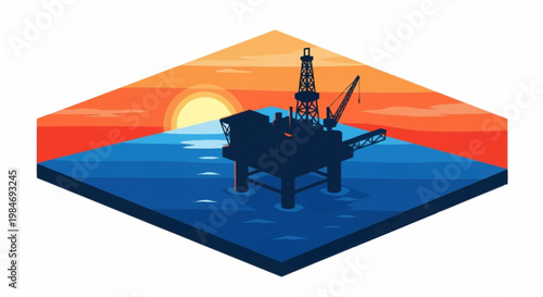 Offshore oil rig platform in the ocean at sunset illustration.