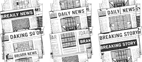 Three black and white newspaper pages with headlines and text in a collage style breaking story