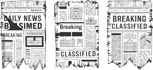 Three ripped newspaper sections with headlines daily news breaking classified and of buildings
