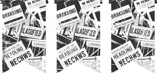 Black and white collage of newspaper headlines and text fragments with distressed texture