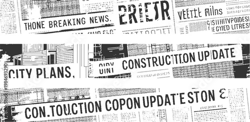 Black and white newspaper headlines and text with architectural and patterns