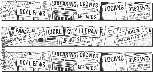 Black and white newspaper headlines and articles layered and overlapping in a collage style