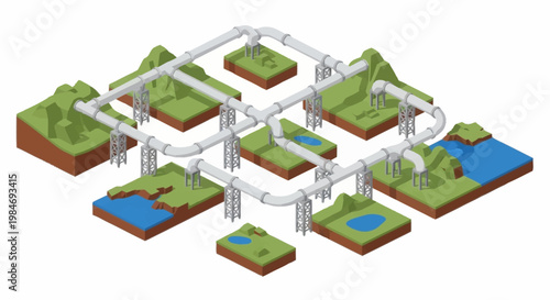 Complex network of pipes connecting miniature landscapes and water features.