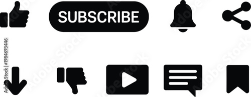 Social media button set with subscribe button like dislike thumbs up notification bell share comment and play icons vector illustration