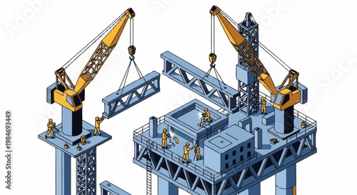 Construction of an offshore oil rig with cranes and workers.
